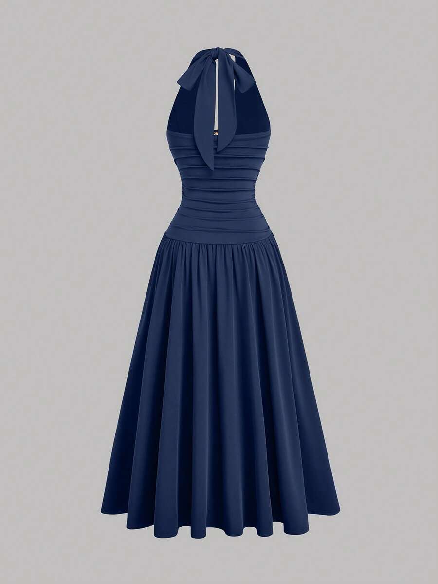 plus size halter maxi dress with deep V neckline, back neck tie bow, open shoulders, ruched waist panel, gold starfish charm, gathered A-line maxi skirt and solid or printed vacation colorways image 22