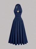 plus size halter maxi dress with deep V neckline, back neck tie bow, open shoulders, ruched waist panel, gold starfish charm, gathered A-line maxi skirt and solid or printed vacation colorways image 23