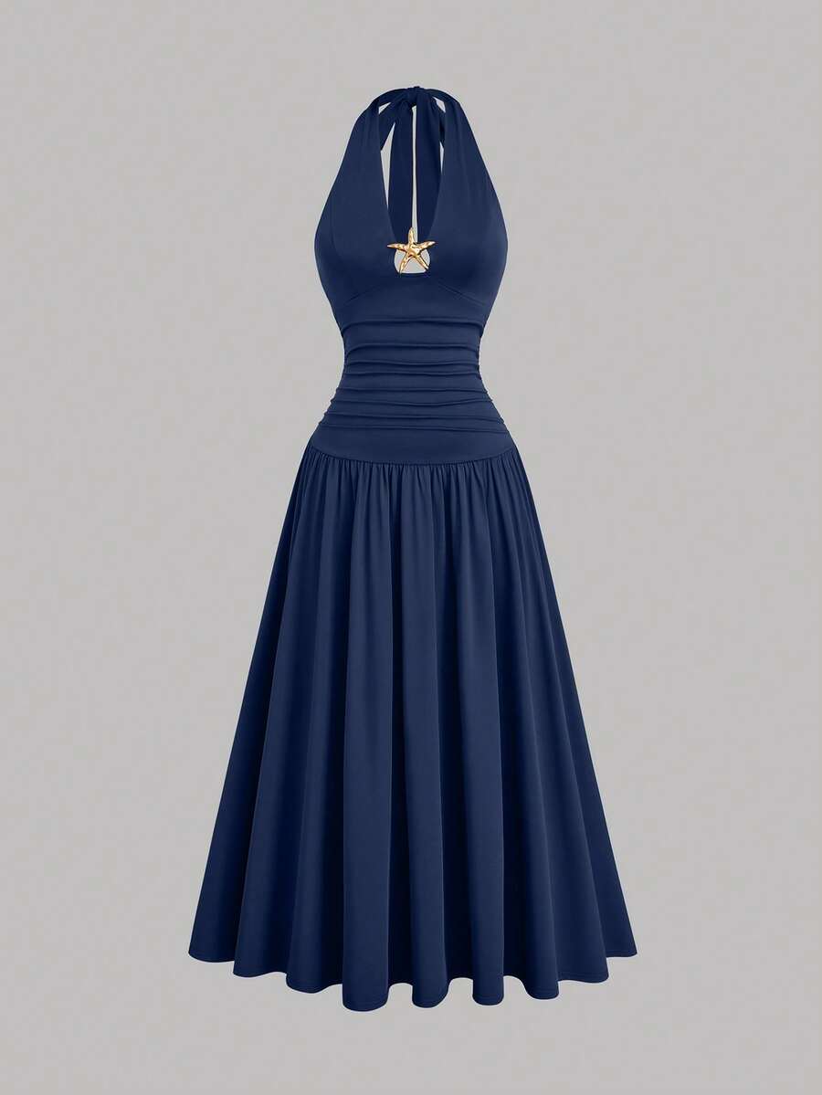 plus size halter maxi dress with deep V neckline, back neck tie bow, open shoulders, ruched waist panel, gold starfish charm, gathered A-line maxi skirt and solid or printed vacation colorways image 23