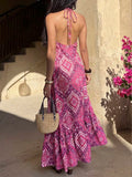Back view pink paisley halter maxi dress with open back and neck tie