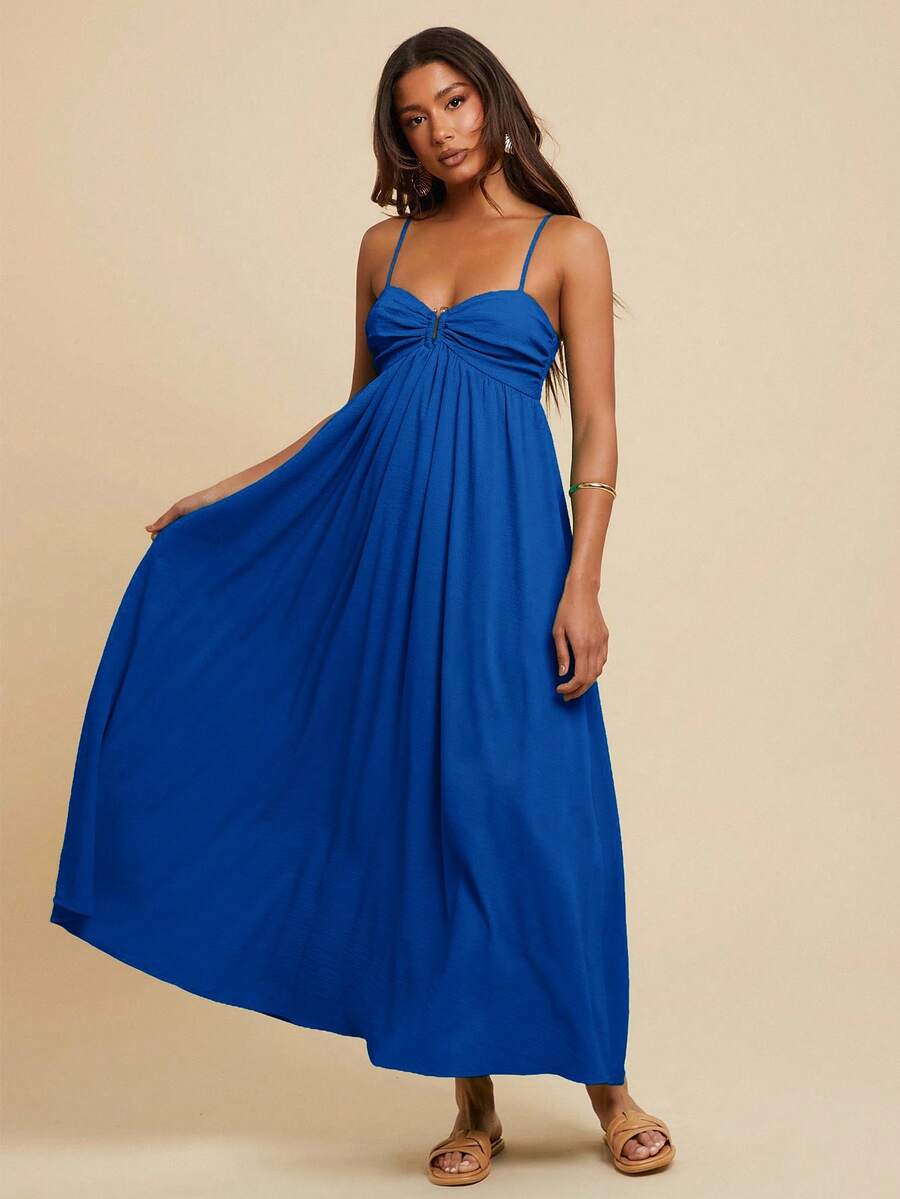 Royal blue sleeveless maxi dress with gathered bust and empire waist