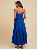 Back view royal blue maxi sundress with thin adjustable straps and smocked bodice