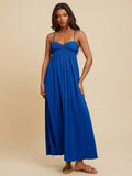 Front view royal blue crinkle maxi sundress with flowy A-line silhouette