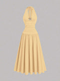 plus size halter maxi dress with deep V neckline, back neck tie bow, open shoulders, ruched waist panel, gold starfish charm, gathered A-line maxi skirt and solid or printed vacation colorways image 6