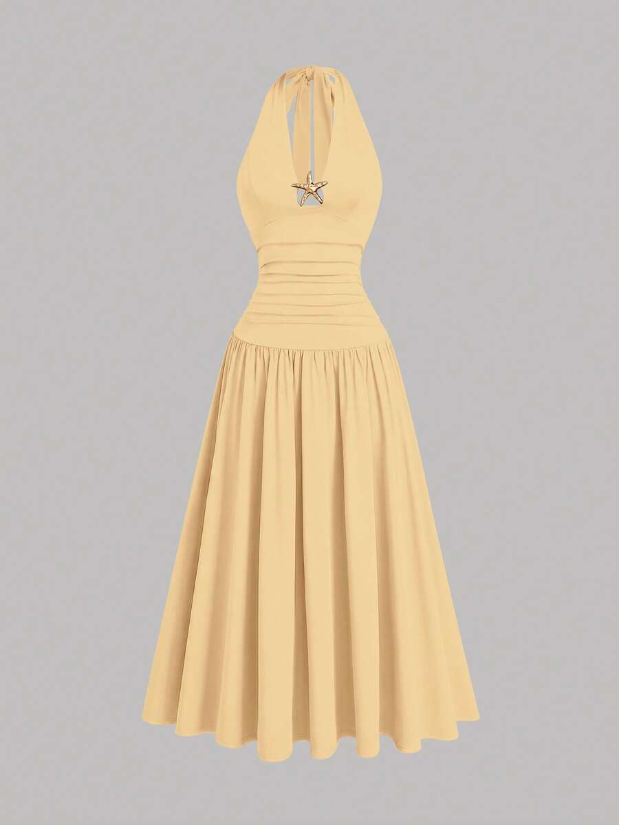 plus size halter maxi dress with deep V neckline, back neck tie bow, open shoulders, ruched waist panel, gold starfish charm, gathered A-line maxi skirt and solid or printed vacation colorways image 6