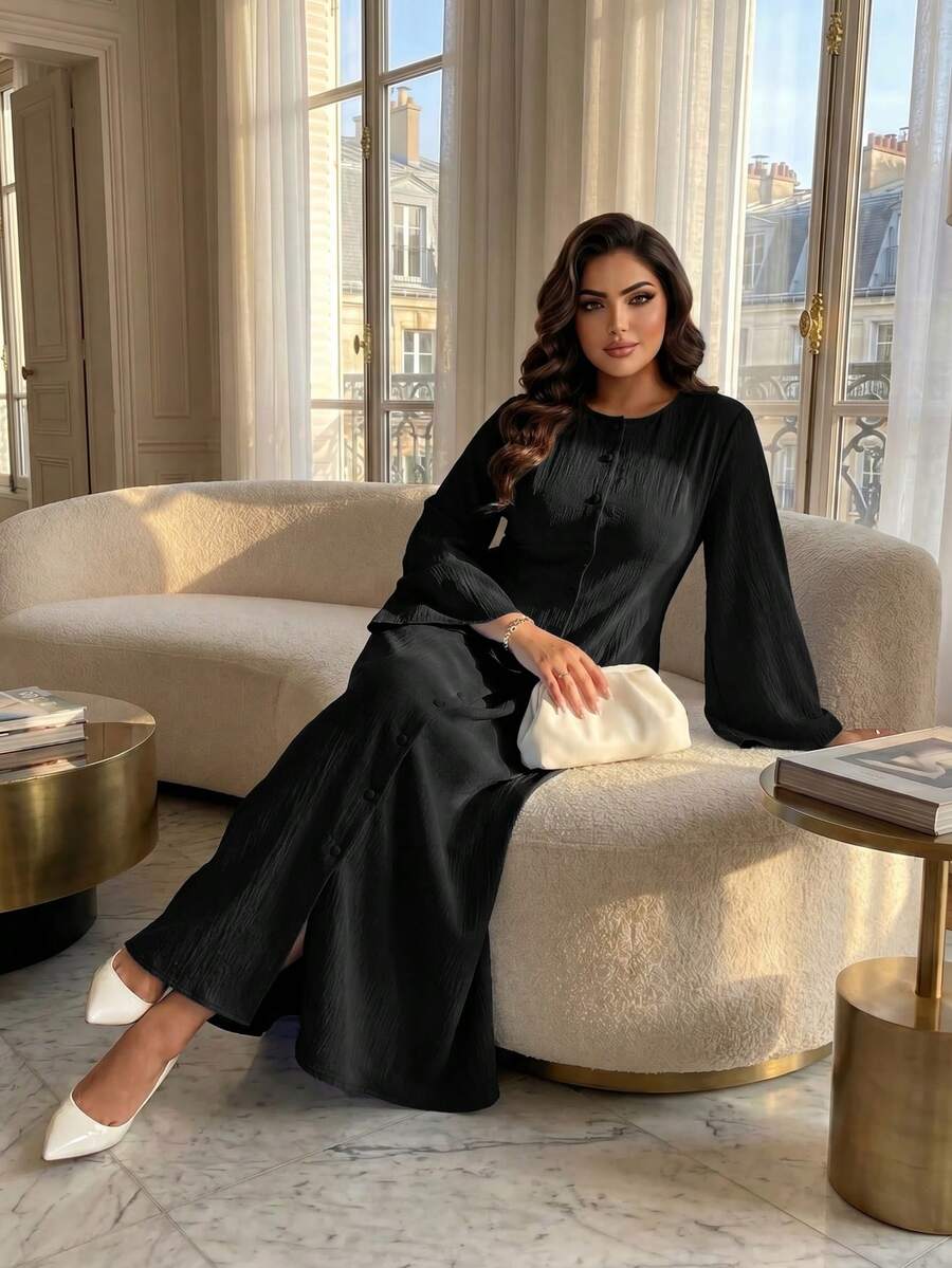 Back view of Elegant Plus Size Flare Dress for Women - Perfect for Spring, Autumn, Office, and Travel