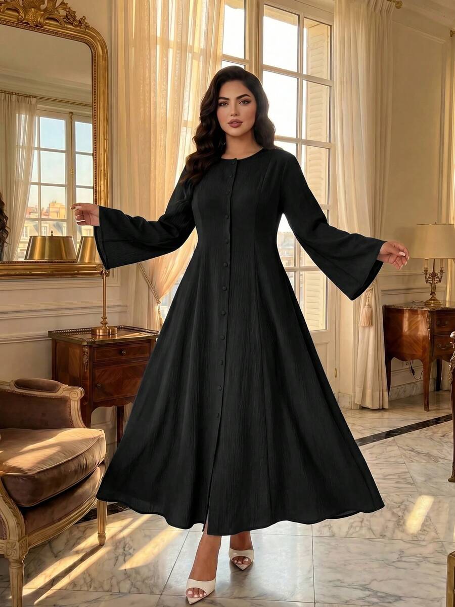 Neckline detail of Elegant Plus Size Flare Dress for Women - Perfect for Spring, Autumn, Office, and Travel