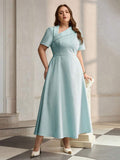 Back view of Chic Asymmetric Oblique Collar Ruched Waist Dress for Effortless Style