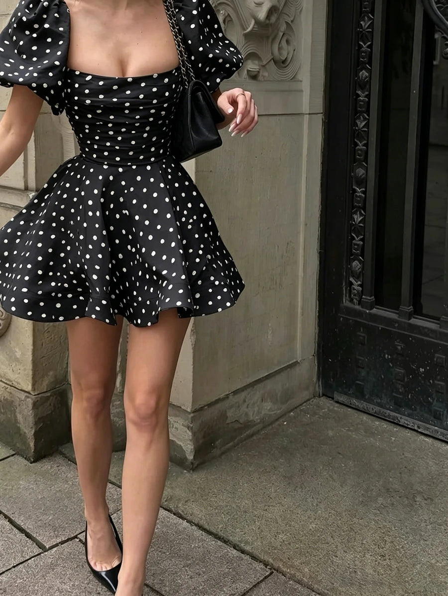 Black square neck polka dot mini dress front view