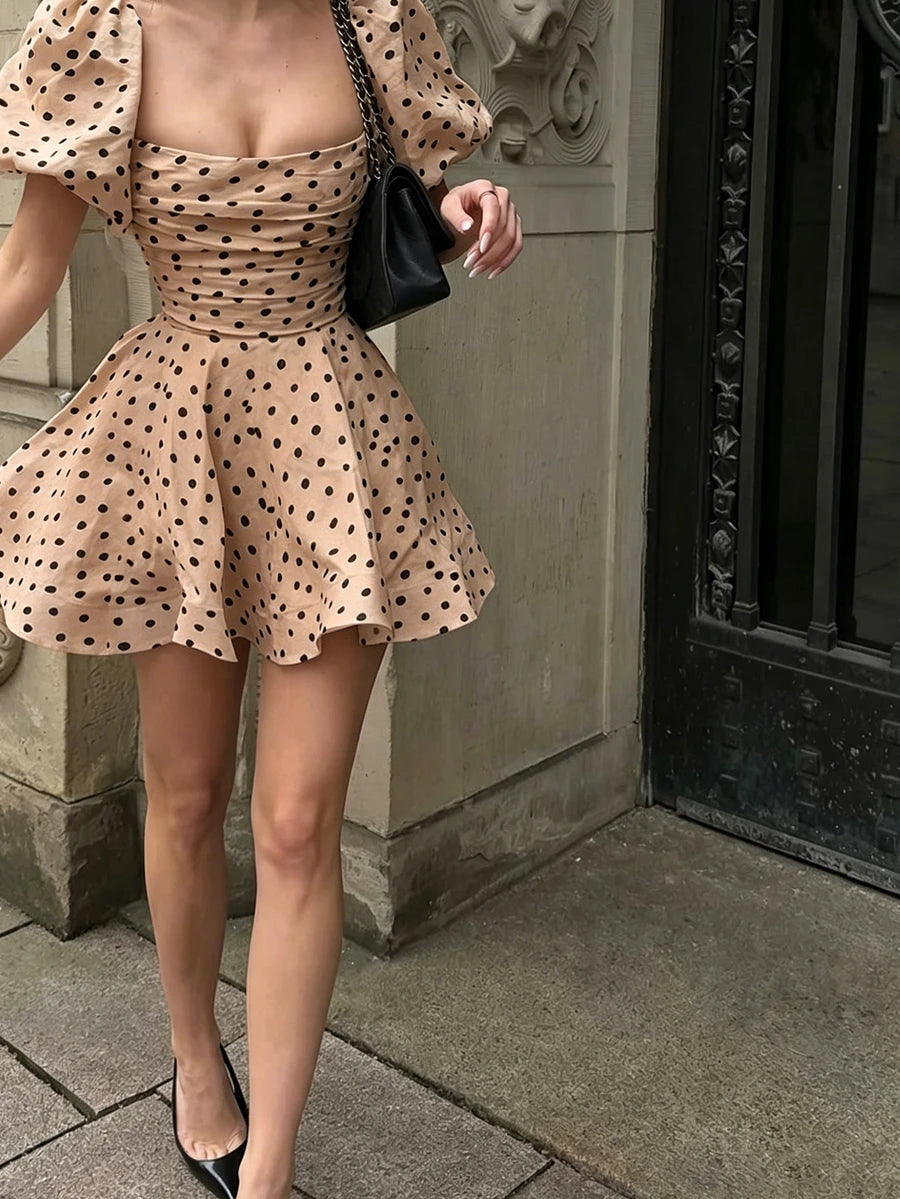 Camel square neck polka dot skater mini dress