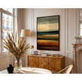 Dining room view of olive and rust abstract landscape wall art above sideboard