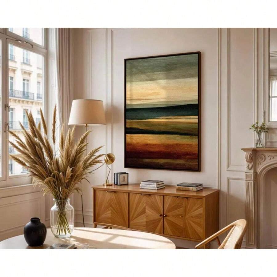 Dining room view of olive and rust abstract landscape wall art above sideboard