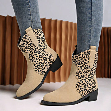 Front view of Stylish Leopard Print Chunky Heel Mid-Calf Boots for Women - Perfect for Autumn and Winter 2026 for punk motorcycle boot styling