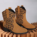 Back view of Stylish Leopard Print Chunky Heel Mid-Calf Boots for Women - Perfect for Autumn and Winter 2026 for punk motorcycle boot styling
