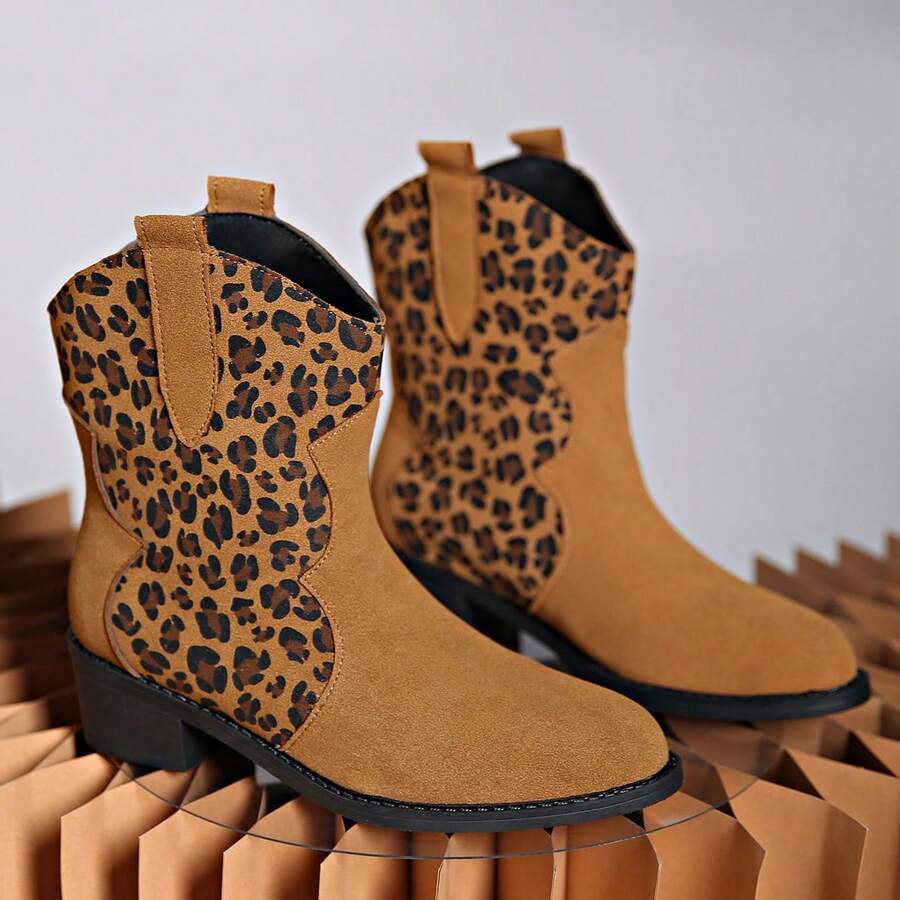 Back view of Stylish Leopard Print Chunky Heel Mid-Calf Boots for Women - Perfect for Autumn and Winter 2026 for punk motorcycle boot styling