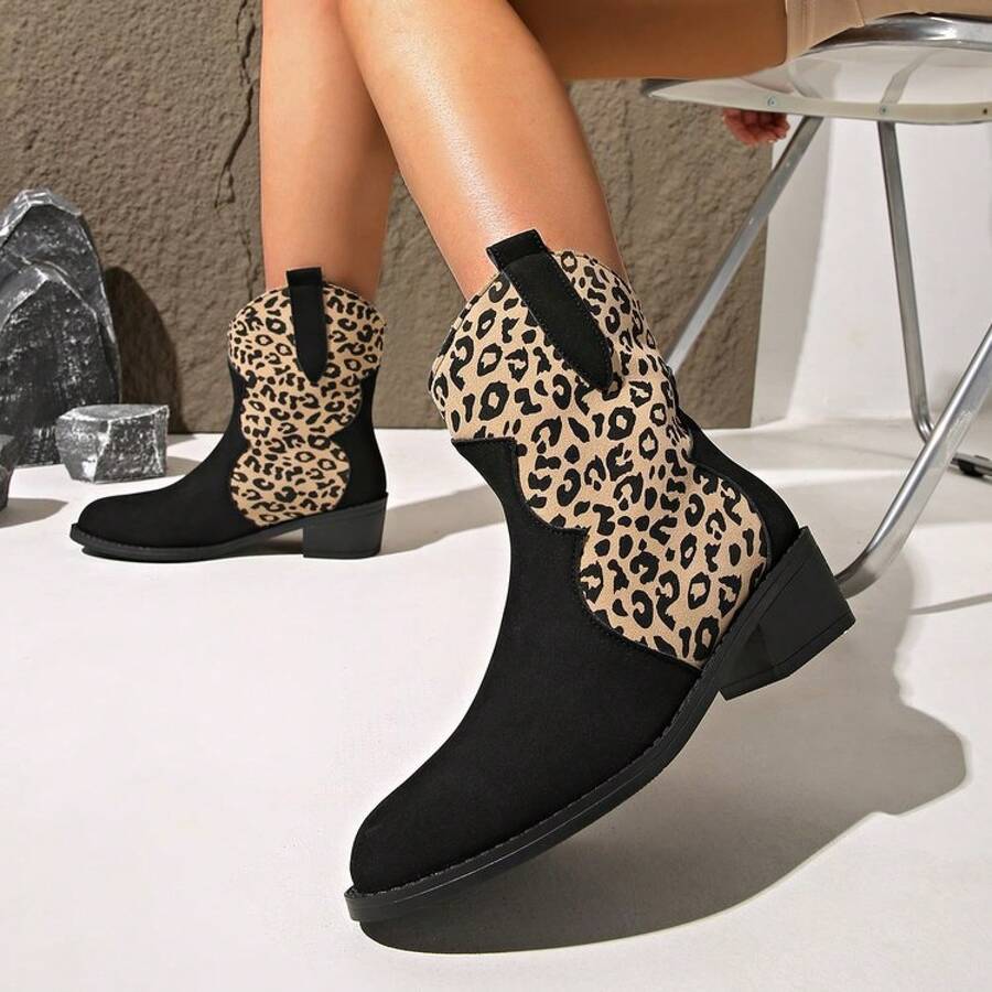 Front view of Stylish Leopard Print Chunky Heel Mid-Calf Boots for Women - Perfect for Autumn and Winter 2026 for punk motorcycle boot styling