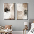 Bedroom corner view of two-piece abstract canvas print set in white frames for calm decor