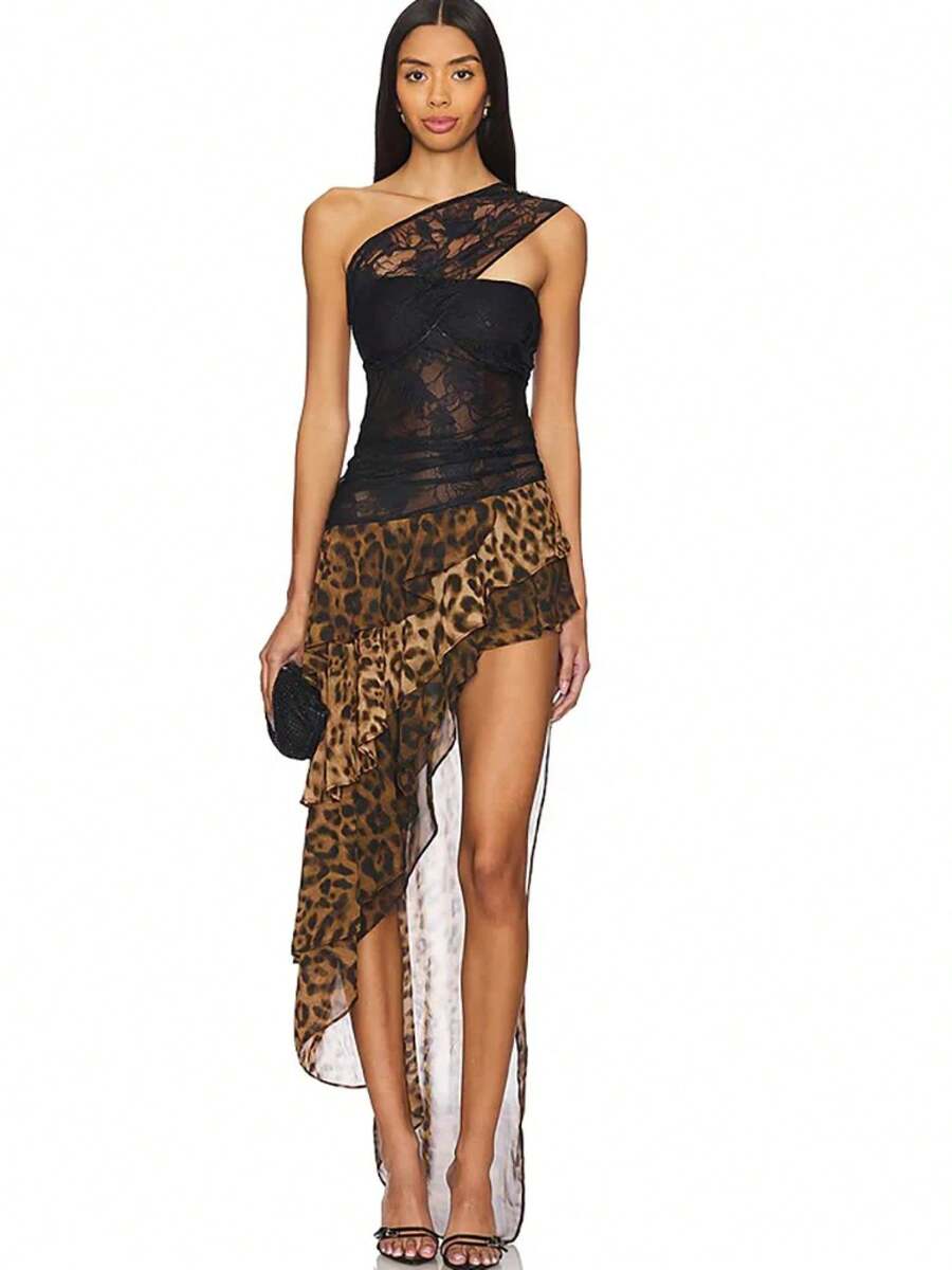 Front view of black lace one-shoulder leopard ruffle dress with asymmetrical neckline and side slit