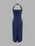 Navy solid fitted midi dress side view