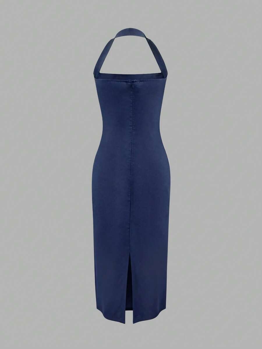 Navy solid fitted midi dress side view