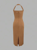 Camel fitted midi dress side view