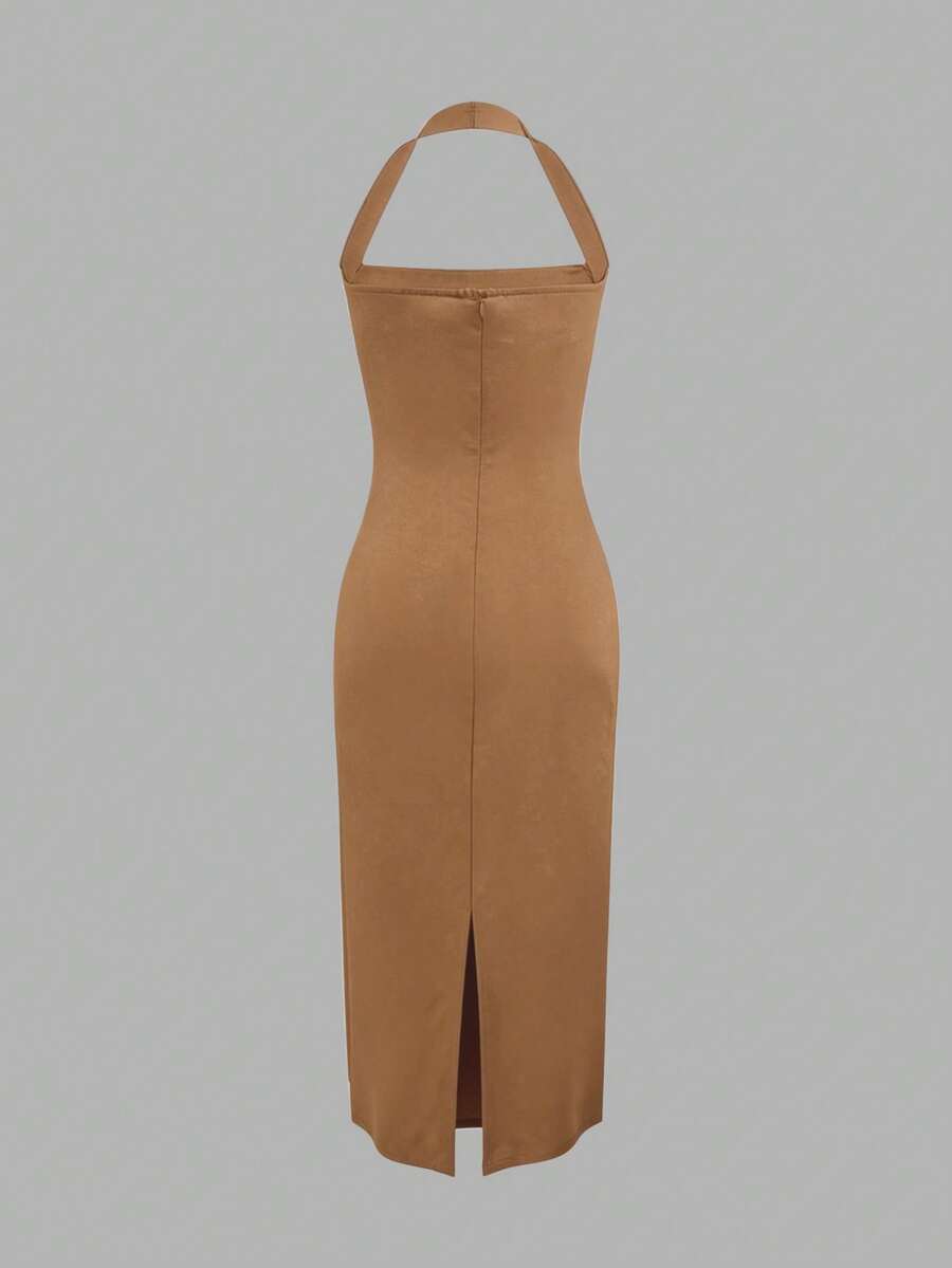 Camel fitted midi dress side view