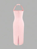 Blush pink solid fitted midi dress side view