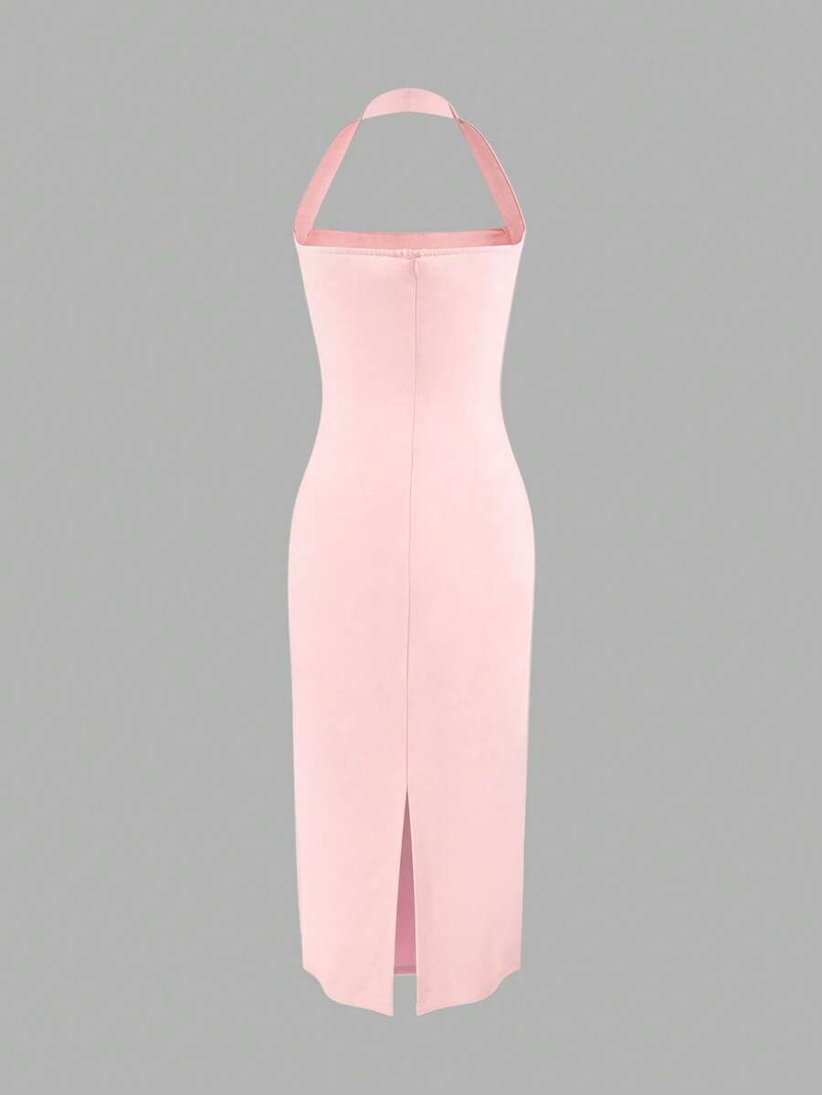 Blush pink solid fitted midi dress side view