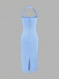 Light blue fitted midi dress side view