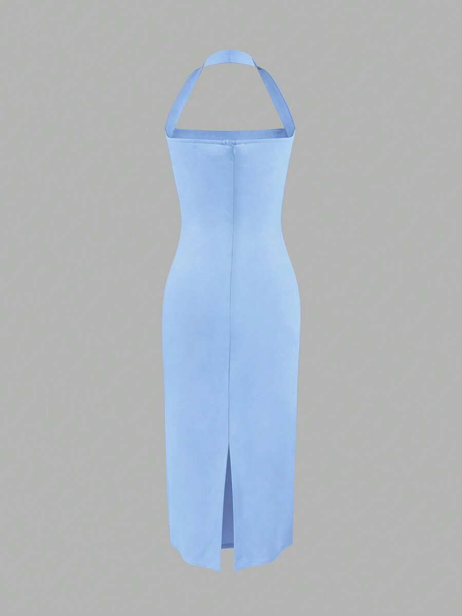 Light blue fitted midi dress side view