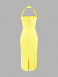 Bright yellow fitted midi dress side view