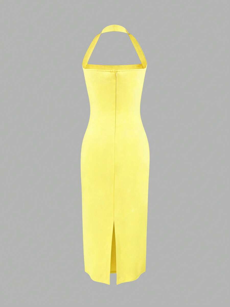 Bright yellow fitted midi dress side view
