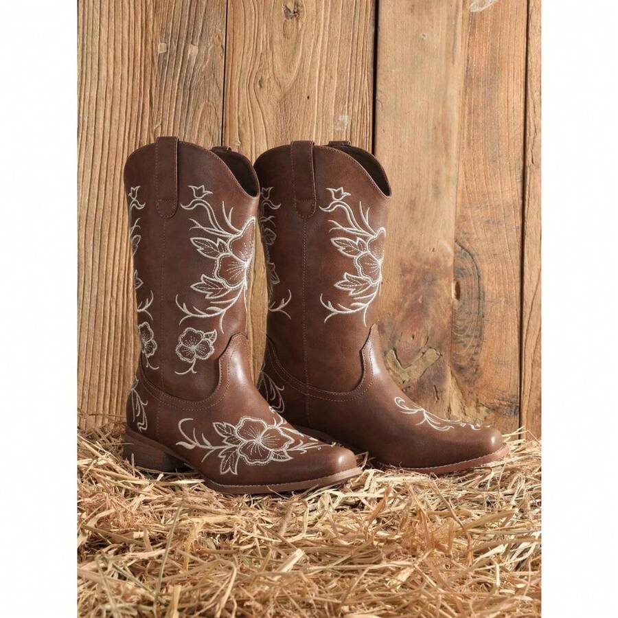 Front view of Vintage Brown Western Cowboy Boots for Women - Floral Embroidered Mid-Calf Chunky Heels for punk motorcycle boot styling