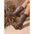 Back view of Vintage Brown Western Cowboy Boots for Women - Floral Embroidered Mid-Calf Chunky Heels for punk motorcycle boot styling
