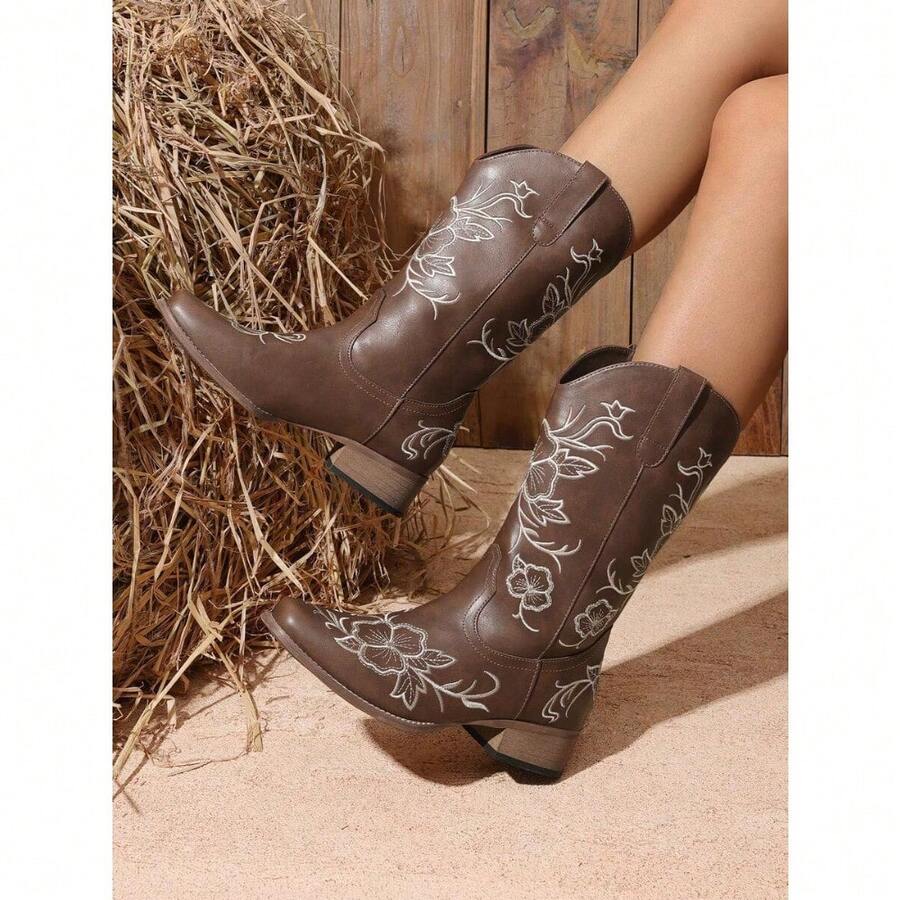 Back view of Vintage Brown Western Cowboy Boots for Women - Floral Embroidered Mid-Calf Chunky Heels for punk motorcycle boot styling