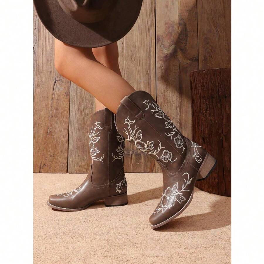 Heel view of Vintage Brown Western Cowboy Boots for Women - Floral Embroidered Mid-Calf Chunky Heels for punk motorcycle boot styling