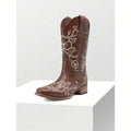 Ruched shaft view of Vintage Brown Western Cowboy Boots for Women - Floral Embroidered Mid-Calf Chunky Heels for punk motorcycle boot styling