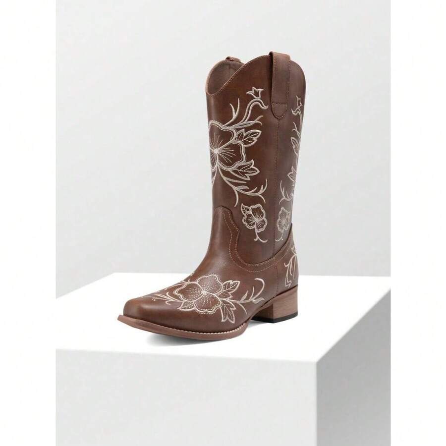 Ruched shaft view of Vintage Brown Western Cowboy Boots for Women - Floral Embroidered Mid-Calf Chunky Heels for punk motorcycle boot styling