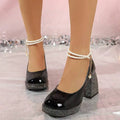 10 media show glossy Mary Jane style platform pumps in hot pink, black, burgundy, white and neon lime with closed round toe, chunky block heel, rhinestone platform/heel trim, pearl ankle strap and gold chain charm. image 4