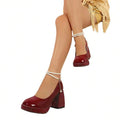 10 media show glossy Mary Jane style platform pumps in hot pink, black, burgundy, white and neon lime with closed round toe, chunky block heel, rhinestone platform/heel trim, pearl ankle strap and gold chain charm. image 6