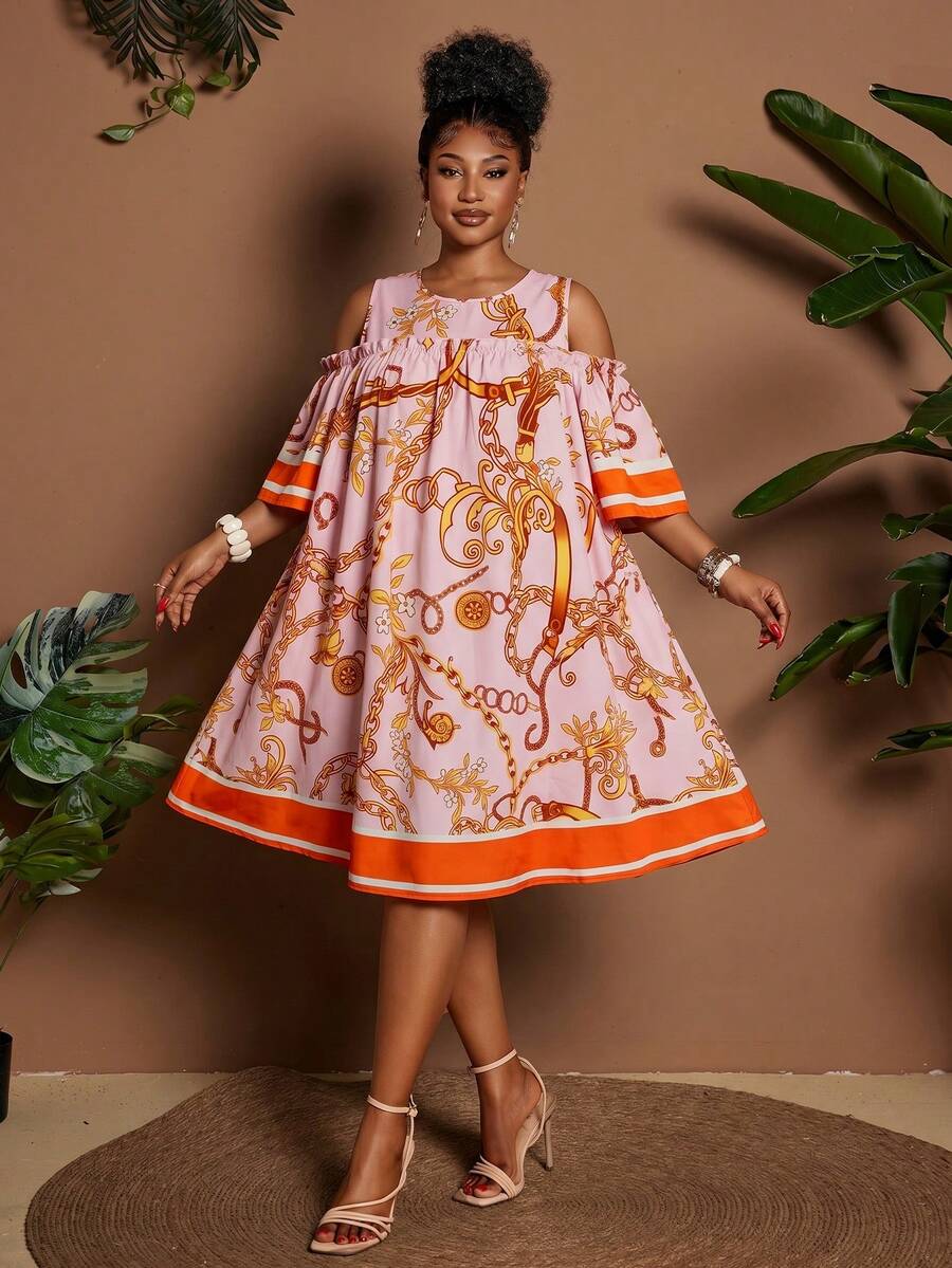 Image 10 - styled outfit of Plus Size Casual Off-Shoulder Mini Dress with Cute Cartoon Flower Print for Summer Holidays