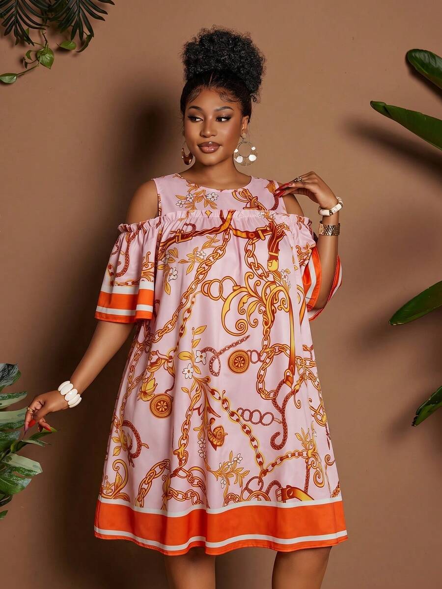 Image 12 - model view of Plus Size Casual Off-Shoulder Mini Dress with Cute Cartoon Flower Print for Summer Holidays