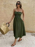 Olive ruched tie-front midi dress with side pockets