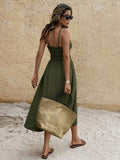 Back view olive midi sundress with smocked back and full midi skirt