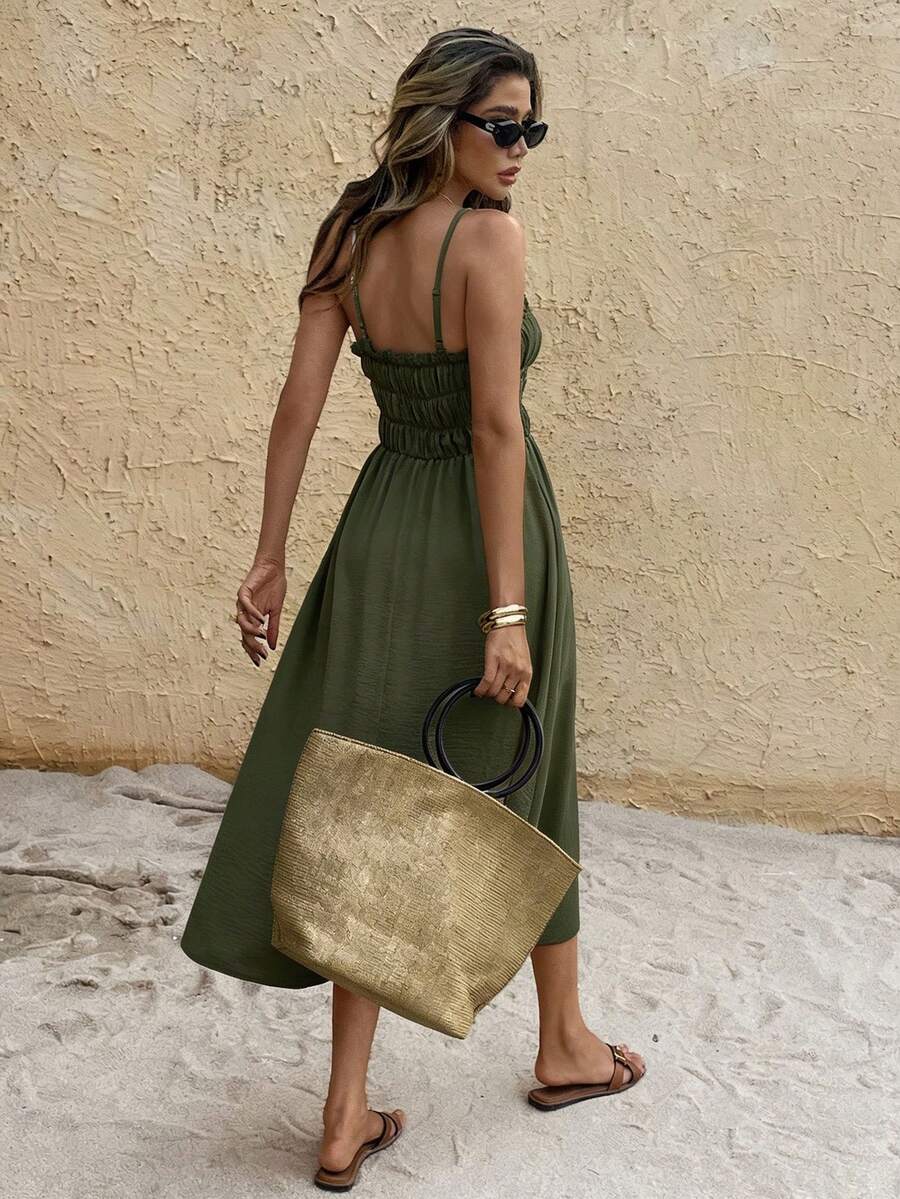 Back view olive midi sundress with smocked back and full midi skirt