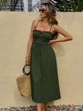 Olive ruched bust midi sundress with spaghetti straps and A-line skirt