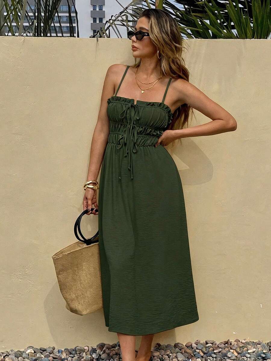 Olive ruched bust midi sundress with spaghetti straps and A-line skirt