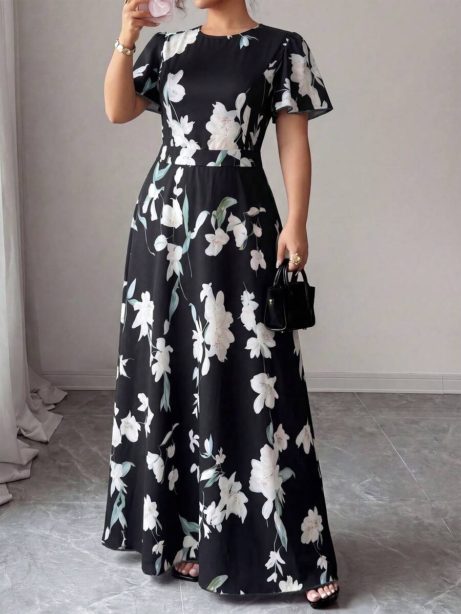 Image 1 - front view of Elegant Plus Size Floral Print Dress for Women - Perfect for Work, Commute, and Summer Outings