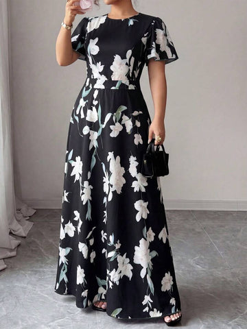 Image 1 - front view of Elegant Plus Size Floral Print Dress for Women - Perfect for Work, Commute, and Summer Outings