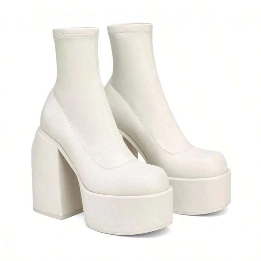 Side view of Trendy Waterproof Platform Ankle Boots for Women - Stylish High Heel Denim Footwear in Large Sizes for punk motorcycle boot styling